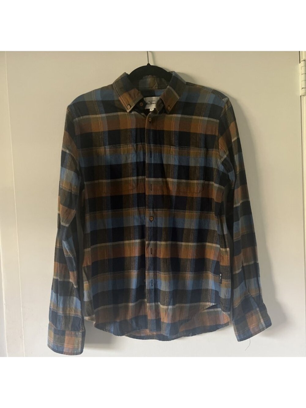 Ben Sherman Men's small Brushed Flannel Plaid Button Front Shirt Orange Blue